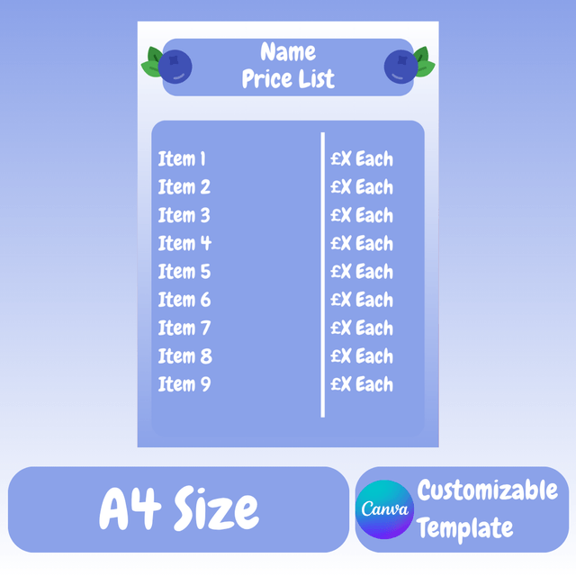 Blueberry Artist Vending Price List Template