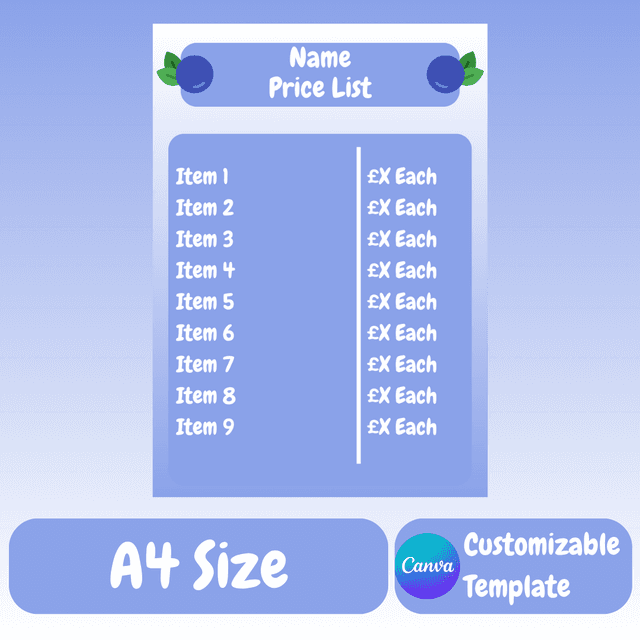 Blueberry Artist Vending Price List Template